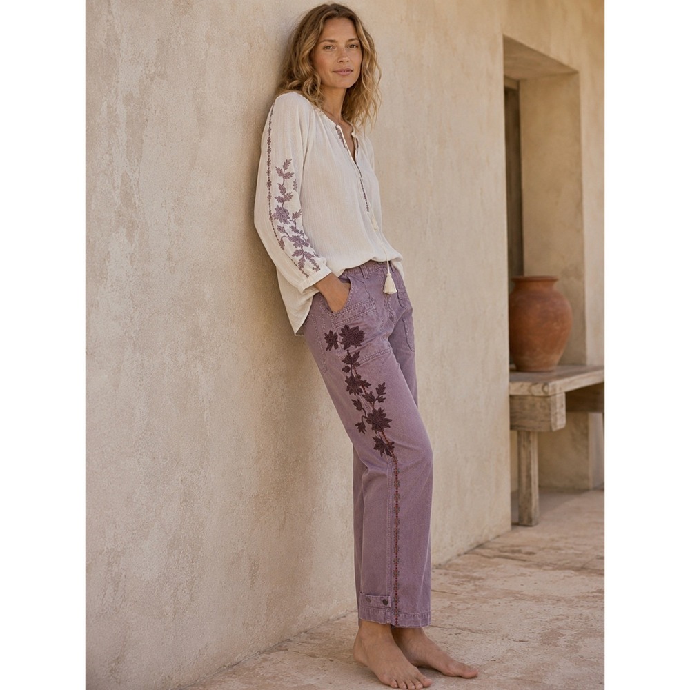 NWT Sundance Shadow‎ Garden Pants Sz 16 Purple Embroidered Floral Boho Artisan